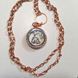 30mm rose gold magnetic locket with charms, 30" chain, wine coffee shopping
